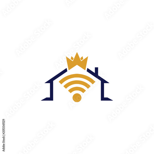 Golden crown and wifi signal over simple house outline logo