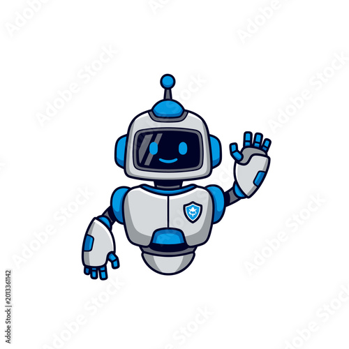 Friendly cartoon robot waving hello with a happy expression