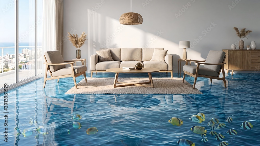 Fototapeta premium Indoor swimming pool with lounge area and tropical fish decoration