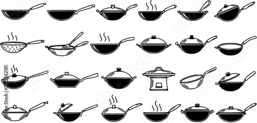 Kitchen Cooking Utensils Vector Line Art Icon Set. Black and White Glyphs of Woks, Frying Pans, and Pots for Food Industry and Home Kitchen