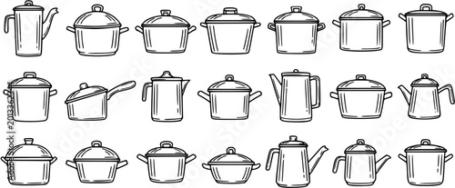 Quadro su tela Hand-drawn Black and White Line Art Set of Cooking Pots, Pans, and Kettles