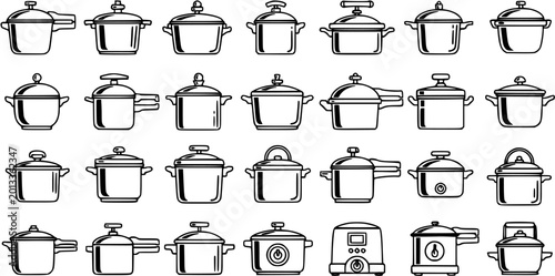 Cooking Pots and Pans Line Art Icons Set. Kitchen Cookware Collection with Pressure Cookers, Slow Cookers, Rice Cookers. Food Outline Vector Symbols.
