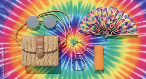 Stylish Summer Accessories on Psychedelic Tie Dye Backdrop