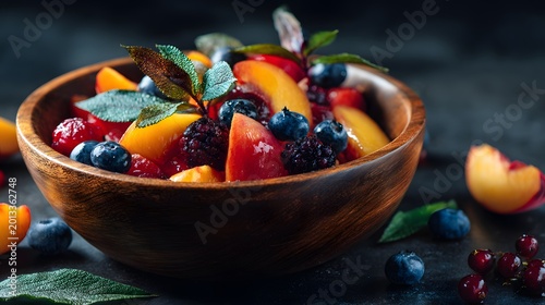 Vibrant Fresh Fruit Salad in Rustic Wooden Bowl.