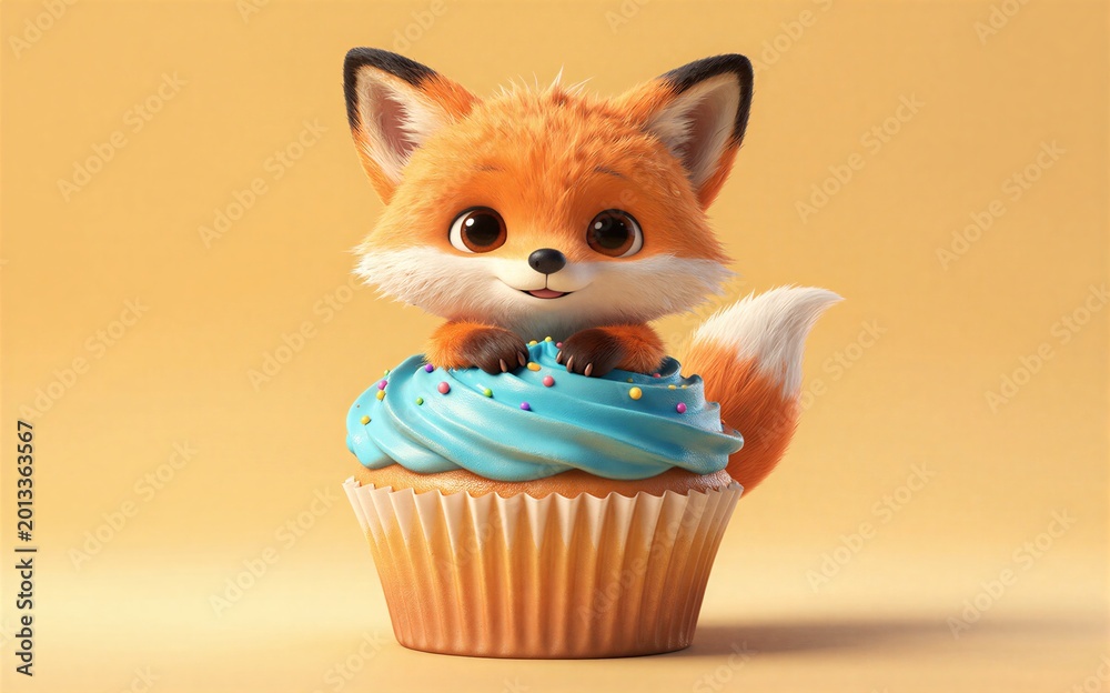 Fototapeta premium Adorable fox peeking out of a blue-frosted cupcake with colorful
