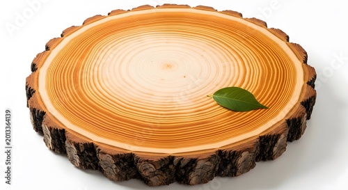 Wood Slice Background with Green Leaf