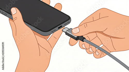 Vector illustration of hand plugging a USB Type-C cable into a smartphone charging port