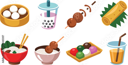 Foto Asian street food icon set featuring dim sum boba tea ramen noodles spring rolls
