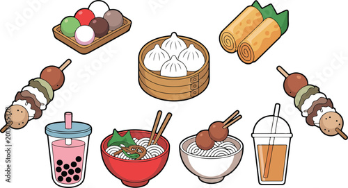 Cuadro en lienzo Asian street food icon set featuring dim sum boba tea ramen noodles spring rolls