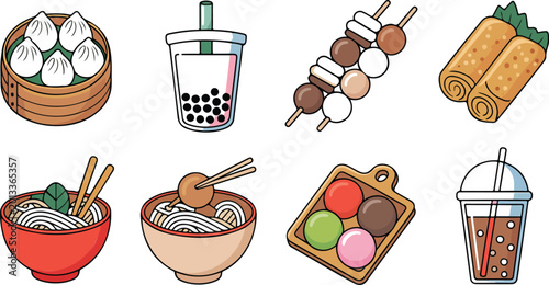 Bild auf Leinwand Asian street food icon set featuring dim sum boba tea ramen noodles spring rolls