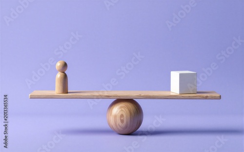 Wooden seesaw balances a tiny figure and white cube against soft