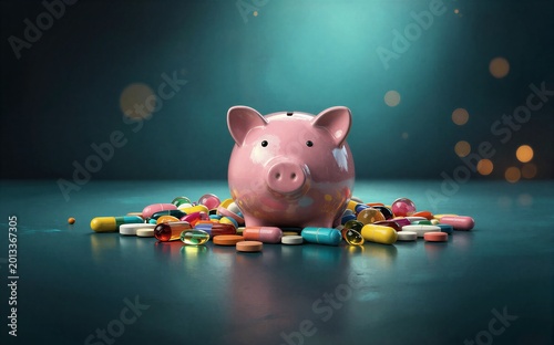 Pink piggy bank surrounded by colorful pills symbolizing healthcare