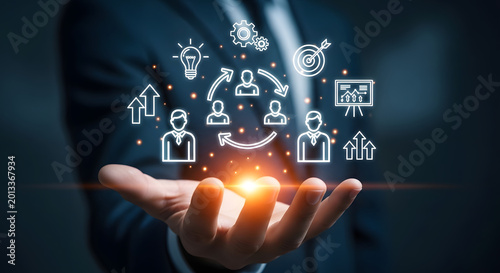 Change management strategy concept with business professional presenting digital team interface,