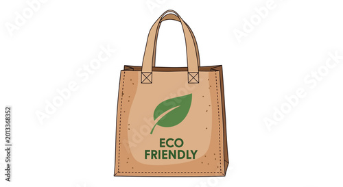 Eco Friendly Shopping Bag with Green Leaf Icon on White Background