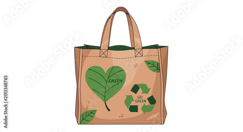 Eco-friendly shopping bag with green heart leaf and recycling symbol
