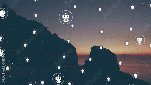 On start robot icons highlighting, linking and pulsing over coastal silhouette to visualize network
