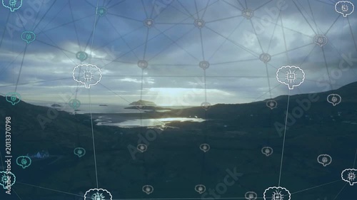 On first frame network overlay appearing over coast, nodes lighting, lines descending, showing flow