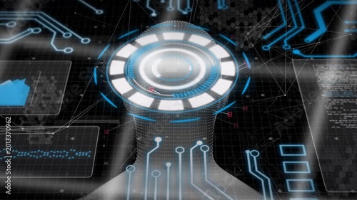 Ring activating, wireframe head turning while camera rising and panels animating for neural scan