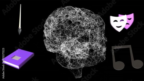 On play wireframe brain rotating, masks alternating, brush tilting, pen shifting to show creativity