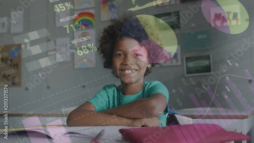 Sequence starting, student sitting in class as graphs growing over face showing learning data