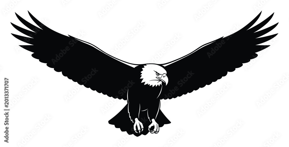 Fototapeta premium Powerful bald eagle in flight with wings spread wide, perfect for logos and emblematic designs