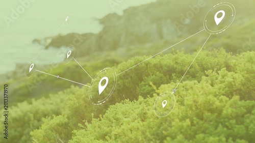 Central marker appearing, spawning location network over hillside, pins linking showing coverage