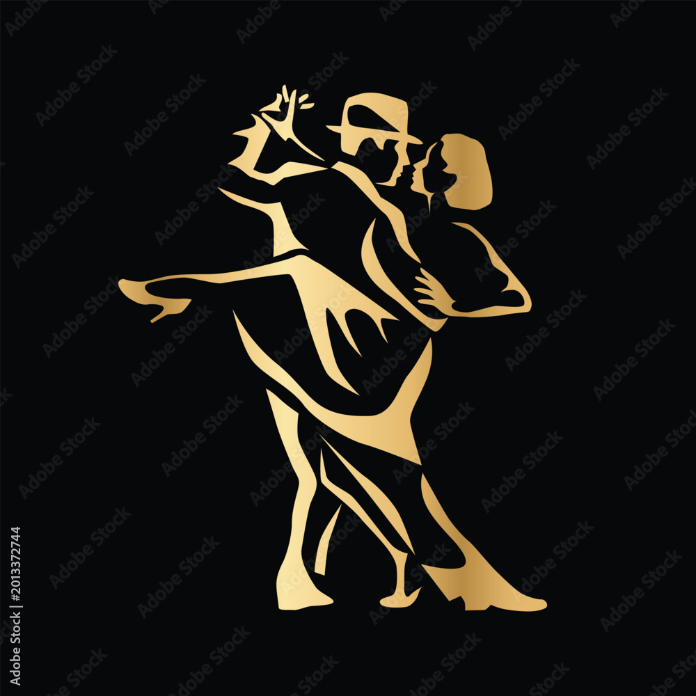 Fototapeta premium Stylized tango dancing couple in elegant gold gradient isolated on black background. Graceful silhouette with expressive pose and dramatic movement. Luxury latin dance logo sign emblem symbol perfect 
