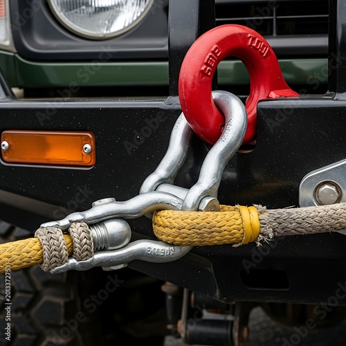 Red Recovery Hook and Metal Shackles Securing Tow Rope on Off Road Vehicle Bumper