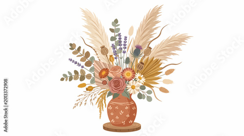 A beautiful bouquet of flowers and plants in a decorative vase on a table indoors.