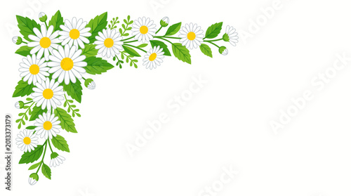 A floral corner border decoration with white daisies and green leaves on a white background