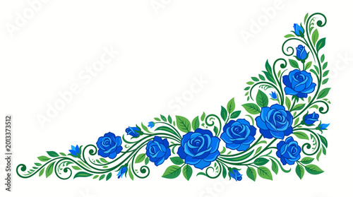 Vibrant blue roses and green leaves form an ornate floral border on a white background