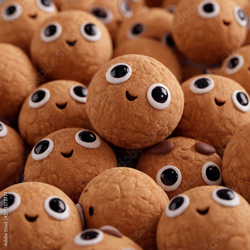 A delightful multitude of small, spherical, brown characters, each adorned with large, endearing eyes and a gentle smile, forming a cheerful and heartwarming community