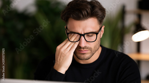 A person, exhausted from long screen time, rubs their eyes in frustration. Highlights the concept of digital fatigue and excessive screen use.