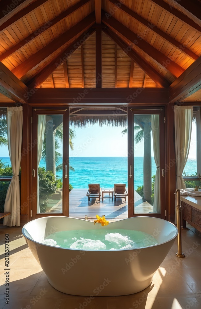 Fototapeta premium Spacious spa bathroom with jacuzzi tub faces emerald ocean view. Wooden deck with lounge chairs sits outside. Tropical plants frame this serene getaway.