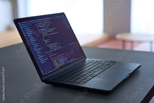Принти на полотні Programming code displayed on laptop screen on dark desk