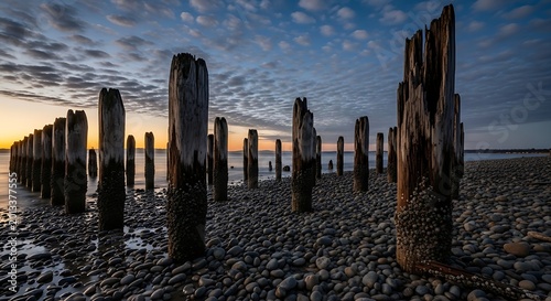 Weathered Wooden Pilings Standing on Rocky Shoreline at Sunset