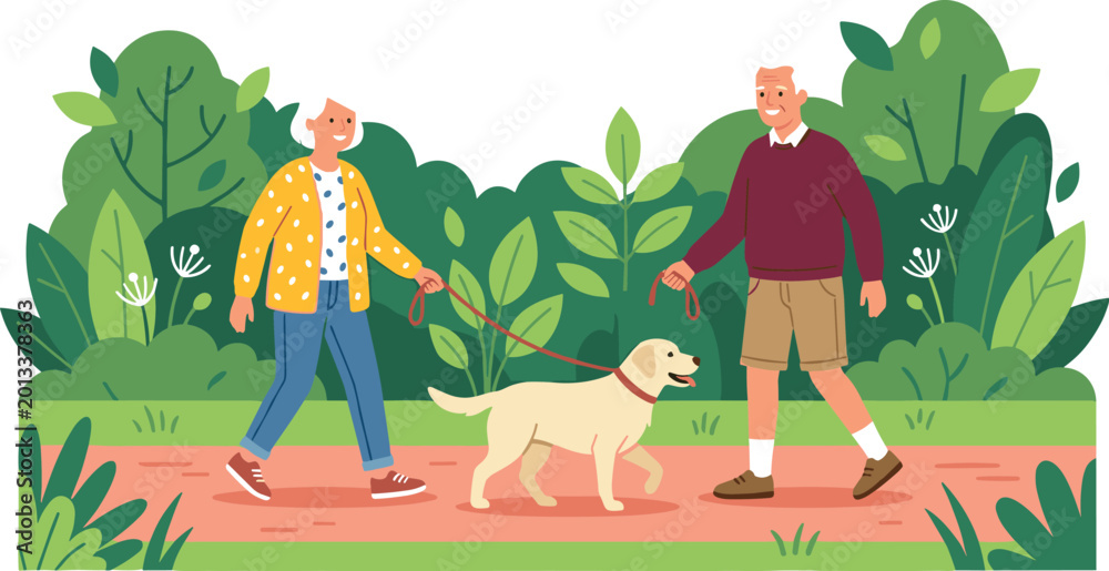 Fototapeta premium Flat Style Happy Senior Elderly Couple Walking Dog Together in Green Park Vector Illustration for Lifestyle Health Design