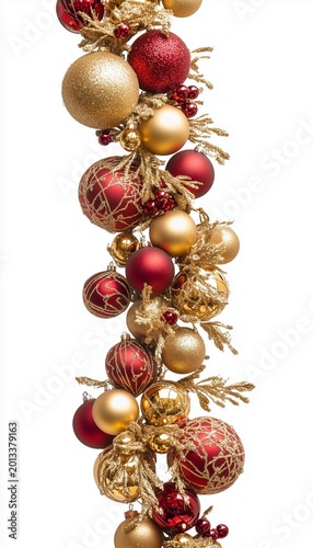 Elegant christmas garland with gold and red ornaments isolated on white background, evoking a warm and luxurious holiday spirit