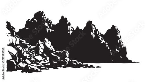 Cuadro en lienzo Mountain landscape silhouette with rugged peaks and rocky terrain in bold black