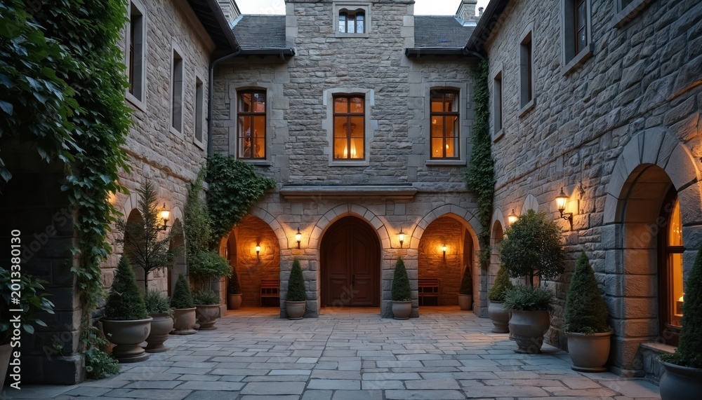 Naklejka premium Stone castle courtyard with warm lights at twilight. Arched walkways and potted plants create a romantic atmosphere for outdoor events. A majestic historic venue.