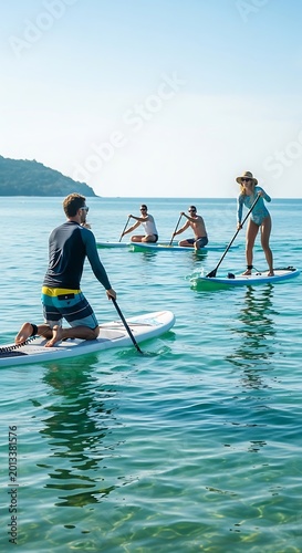 Active Friends Paddleboarding on Clear Tropical Sea Near Island Coast