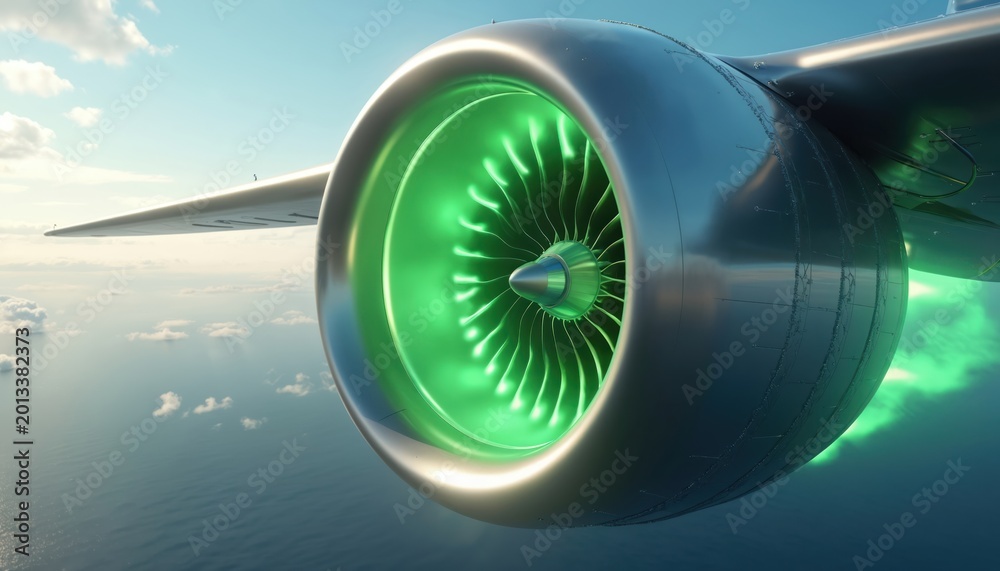 Fototapeta premium Airplane jet engine with bright green biofuel flames powers flight above ocean clouds. Advanced green energy sustainable aviation tech concept with futuristic turbine. Eco-friendly flight engine