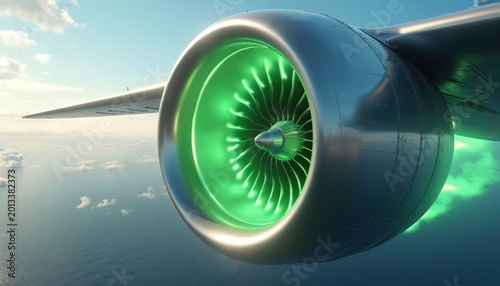 Airplane jet engine with bright green biofuel flames powers flight above ocean clouds. Advanced green energy sustainable aviation tech concept with futuristic turbine. Eco-friendly flight engine