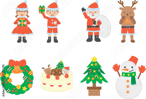 クリスマスのイラストセット・サンタとトナカイと子供たち