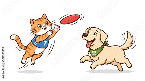 Schilderij op canvas Cat and dog playing with frisbee.