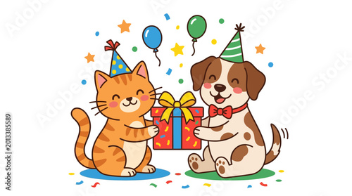 cat and dog wearing party hats.