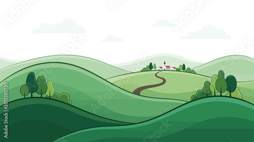 Εκτύπωση καμβά Green hills with trees and pathway.