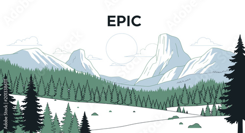 Snowy Mountain Landscape With Pine Trees.