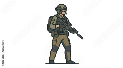 Bild auf Leinwand Soldier in combat gear holding rifle.