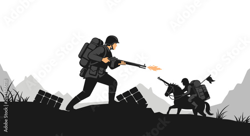 Photos Soldier firing rifle in combat situation.